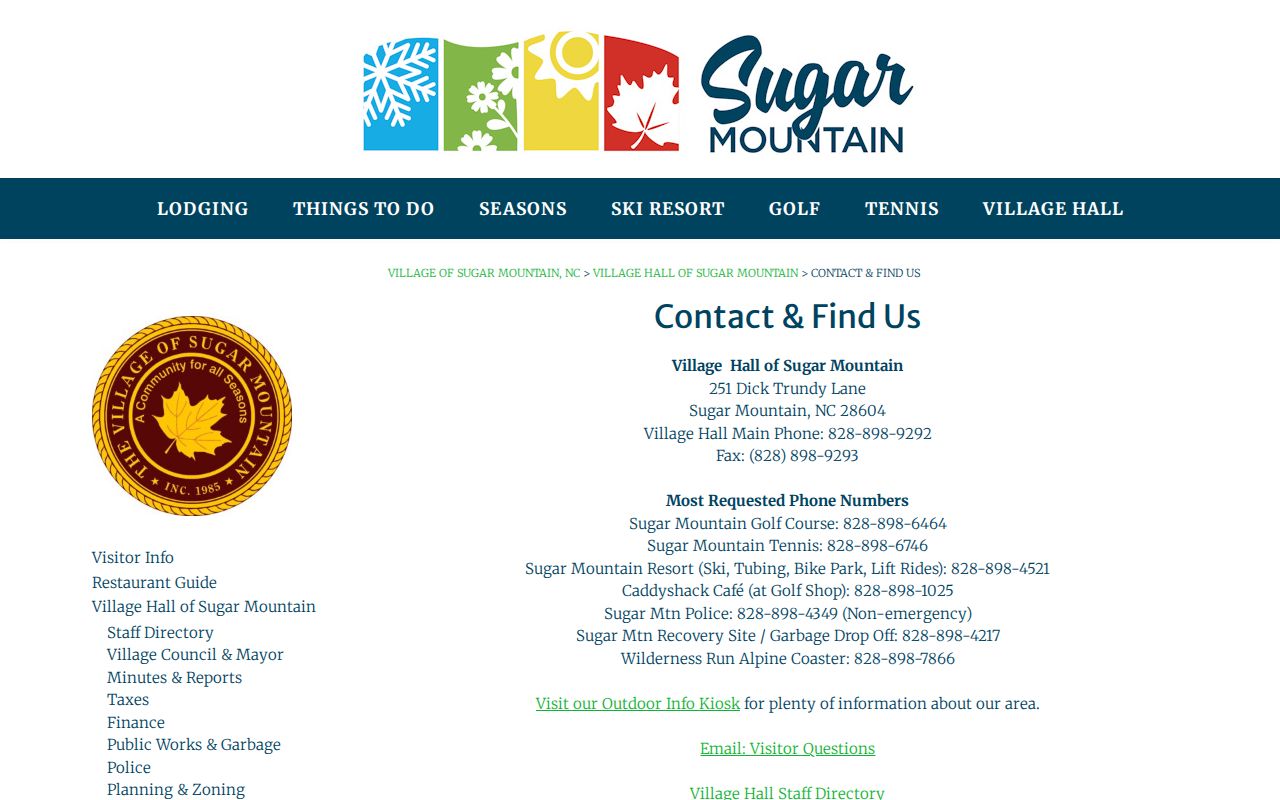 Sugar Mountain court records Village Hall contact distinction
